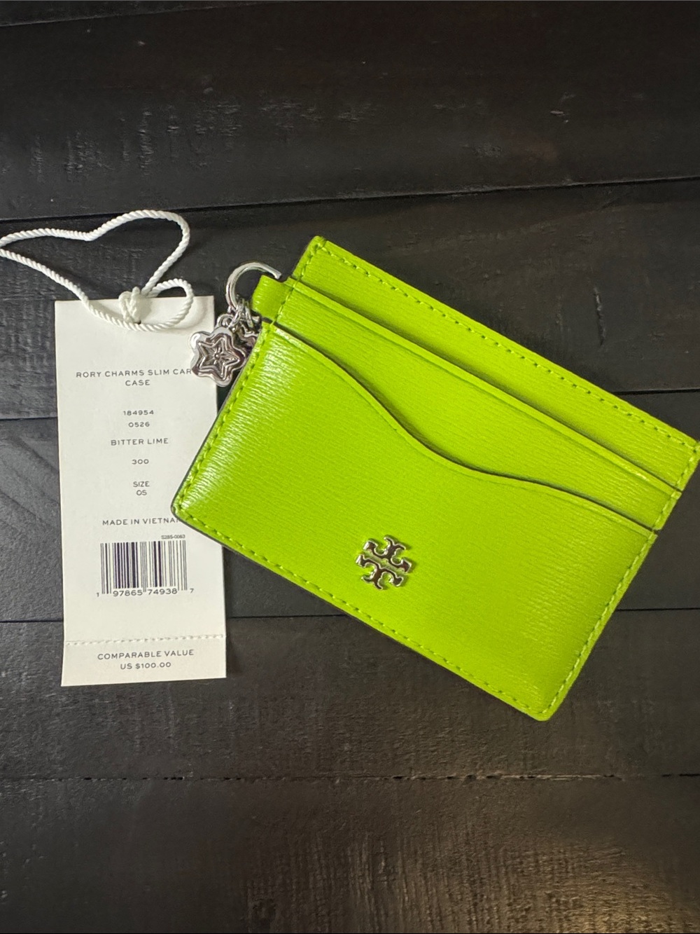 NWT Tory Burch Lime Green Slim Card Case with Logo Charm